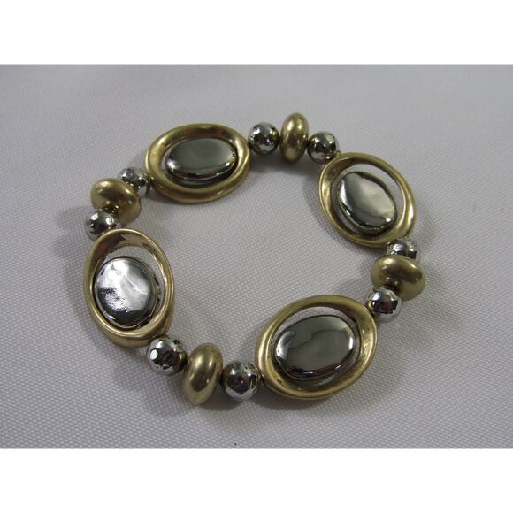 2 Tone Stretch Wrist Bracelet 6 3/4" Minimalist Neutral Oval Bead Disc Station - Picture 2 of 4